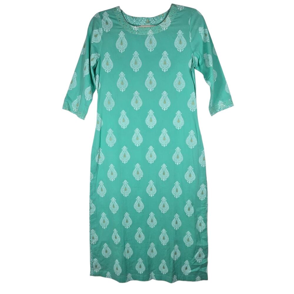 Gulab Chand Indian Summer 21 Kurta Womens Small Green Rajasthani Block Print